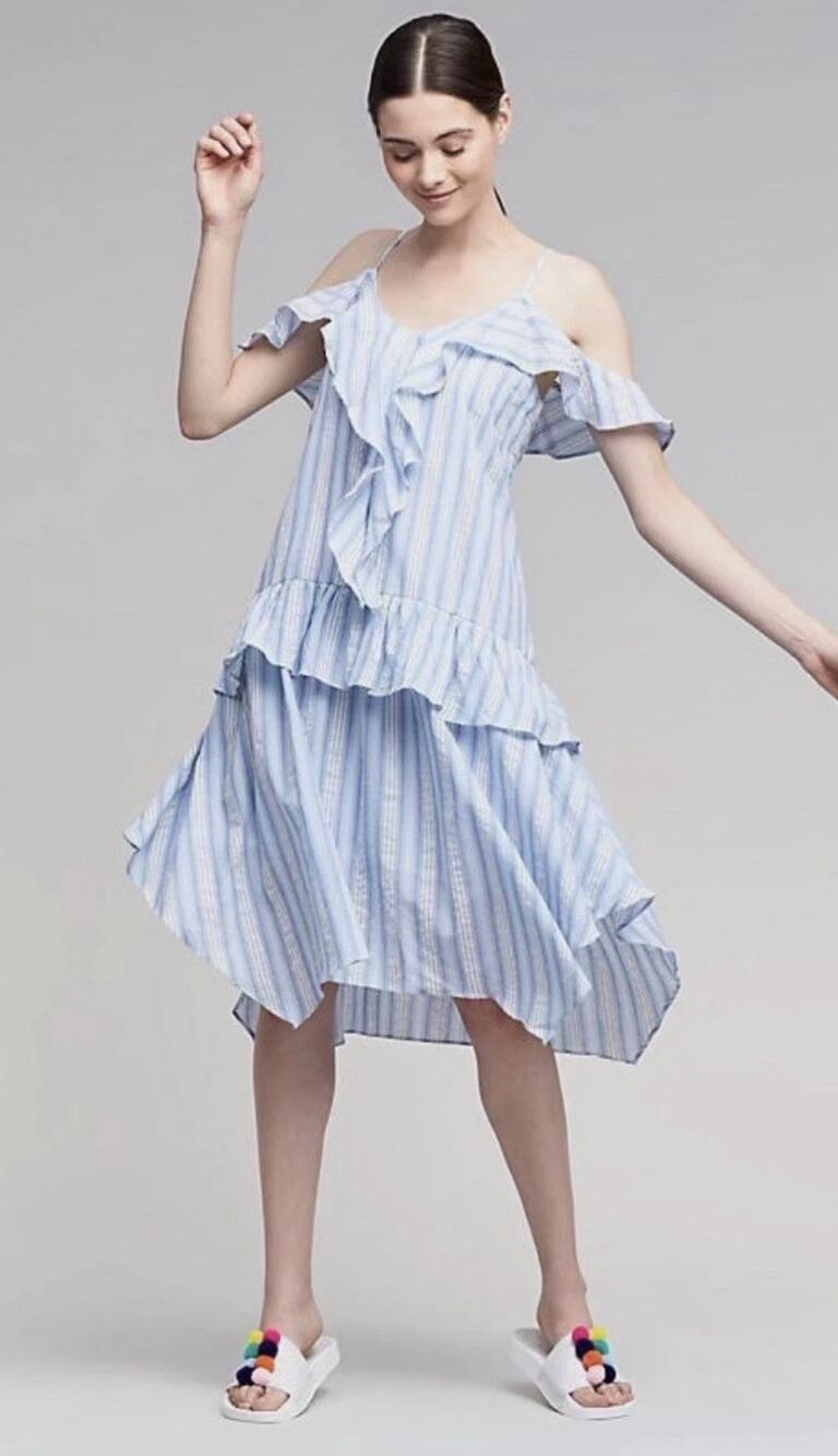 Moon River Anthropologie Eva Ruffle Blue White Striped Dress M Asymmetric Hem